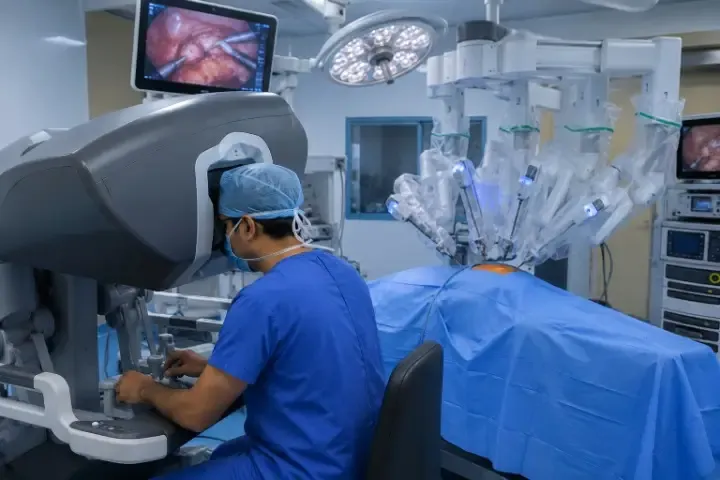 Robotic surgical arms and instruments in use during a procedure